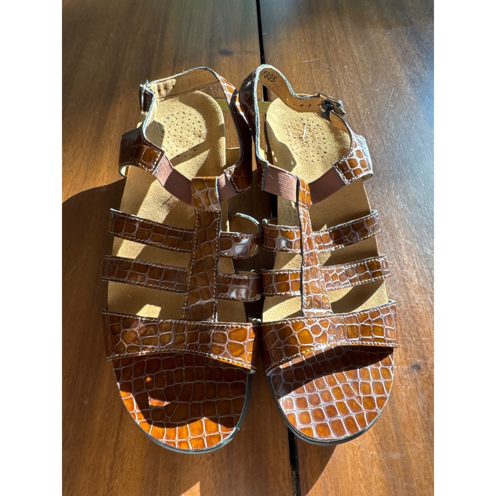 SAS Womens 10 W Brown Croc Embossed Strappy Block Heel Sandals L3809805